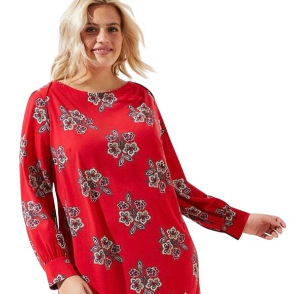 LOFT Bloom Cuffed Shirtdress Size 18 plus Crimson Fire red Color floral dress - Picture 2 of 6